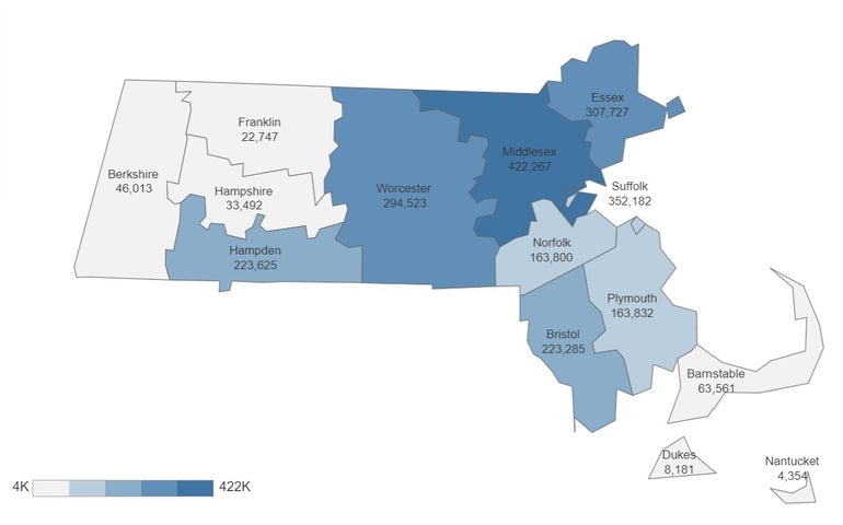 06-01_masshealth_redetermination_dashboard A chart showing MassHealth coverage by county. Middlesex county has the most, followed by Suffolk County and Worcester County