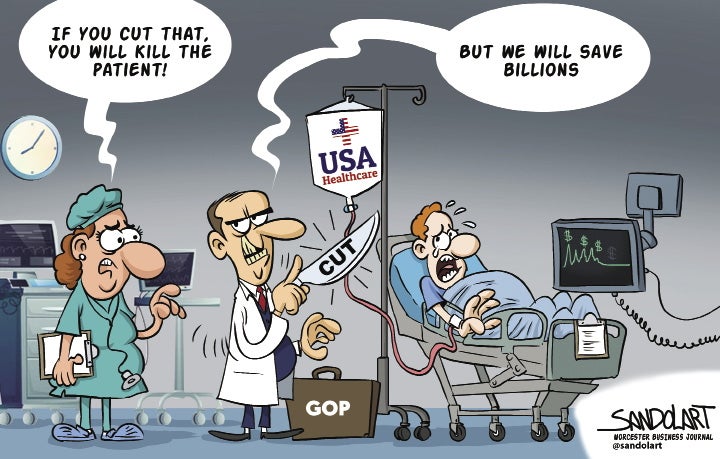 A cartoon of a panicked man on a hospital bed with his IV being cut by a man with a knife. The IV bag reads 