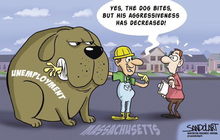 An editorial cartoon of a large, aggressive dog representing the Massachusetts unemployment rate, which is biting a man who is saying 