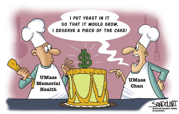 A cartoon of two chefs on either side of a cake with a dollar sign on top of it. One chef's apron reads UMass Memorial Health and the other reads UMass Chan. The UMass Chan chef says 