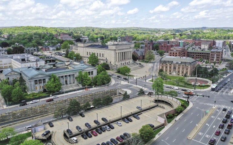 An aerial view of Worcester buildings
