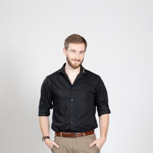 Man in black dress shirt gives double thumbs up