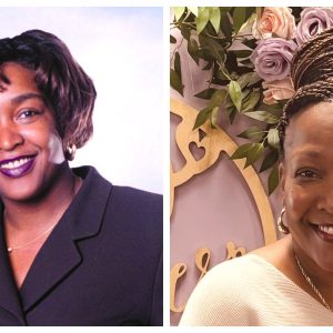 A side-by-side collage of photos of the same woman, taken 24 years apart