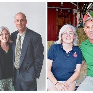 A side-by-side collage of photos of the same man and woman, taken 14 years apart.