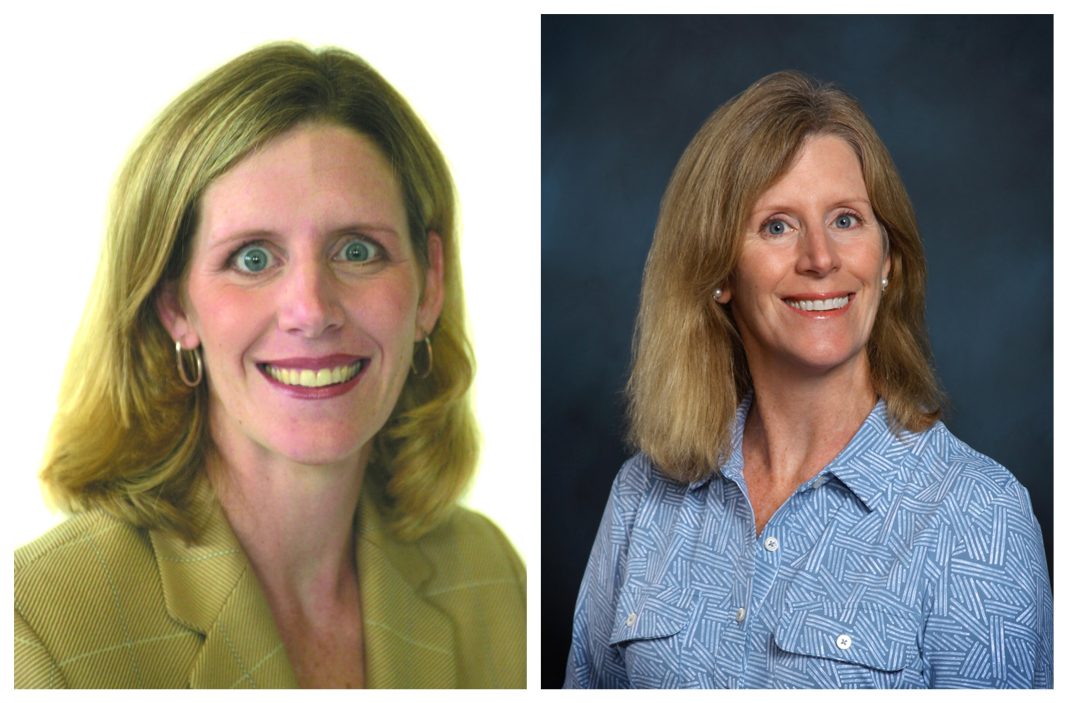 A side-by-side collage of photos of the same woman, taken 20 years apart.