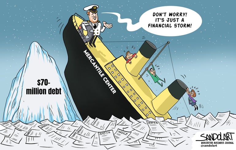 A cartoon of a ship hitting an iceburt in a sea of invoices.