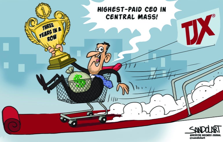 A cartoon of a man in a black suit sitting in a shopping cart rolling down an unfolding red carpet with a sack of money in his lap, holding up a golden trophy with 