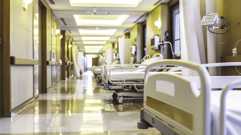 A hospital with hospital beds lining the right hand side wall