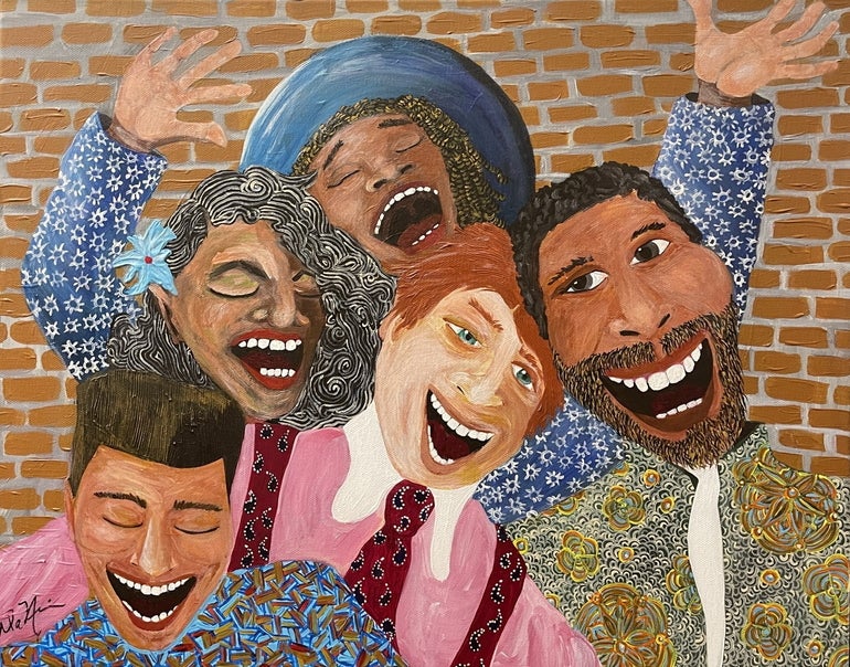 A painting of five laughing and smiling people