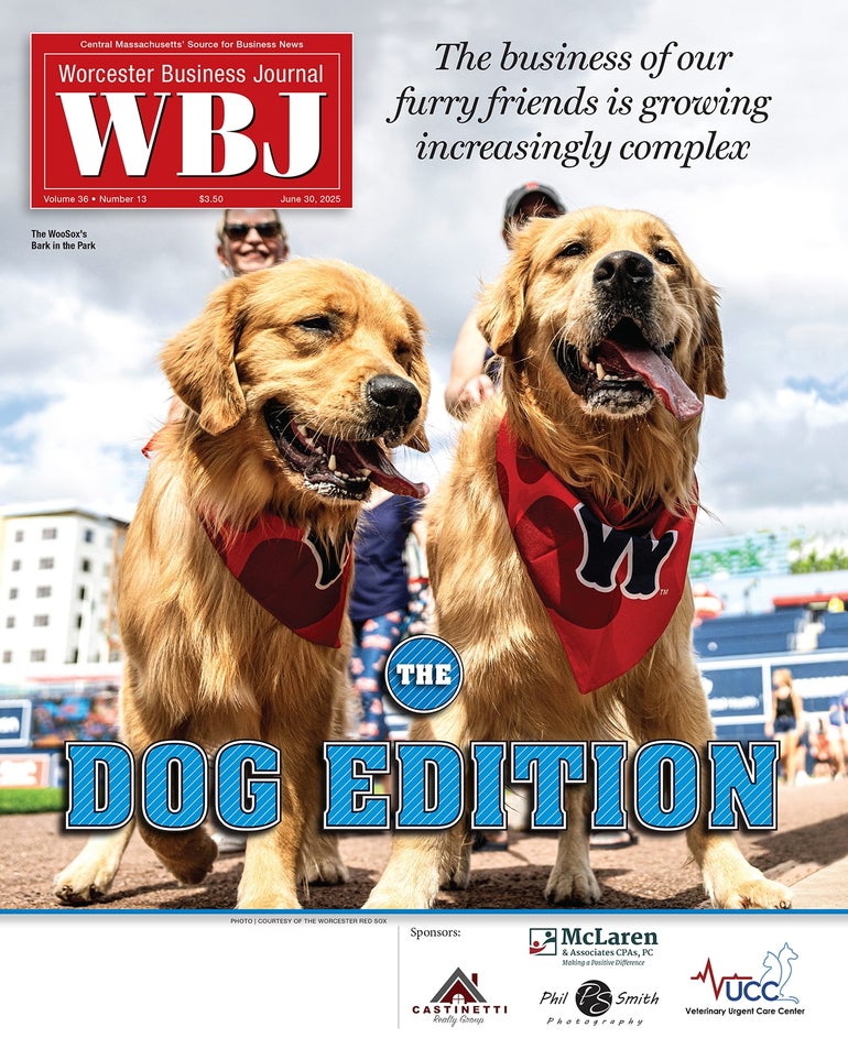 A cover of a magazine featuring two dogs and the words 