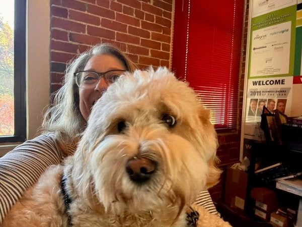 A light-haired dog with its owner in the background