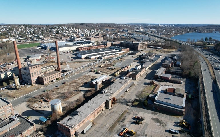 An aerial shot of a formerly industrial area