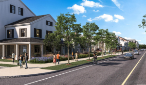 A rendering of a residential development, showing street traffic and pedestrians in front of a three-story residential building with more buildings in the background