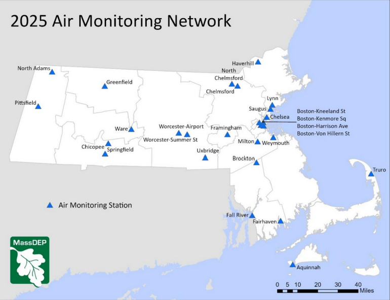 A map of air monitoring stations in Massachusetts
