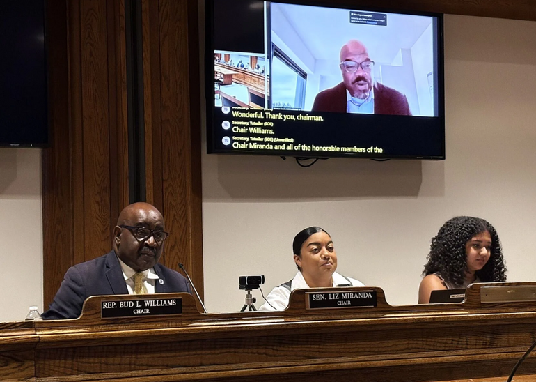 Three lawmakers sit behind at a hearing
