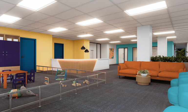 Rendering of a human services nonprofit office with a child play area, reception desk, and couches