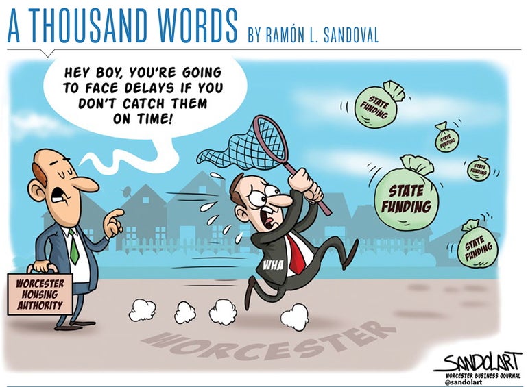 An editorial cartoon of a man trying to catch bags of money with a butterfly net, representing the Worcester Housing Authority's need for state funding in order to jumpstart its expansion.
