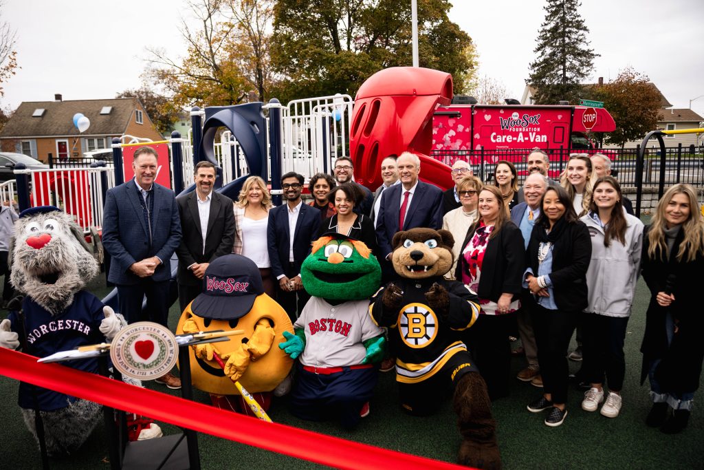 A group of mascots and people gather for a photo in front of new playground equipment