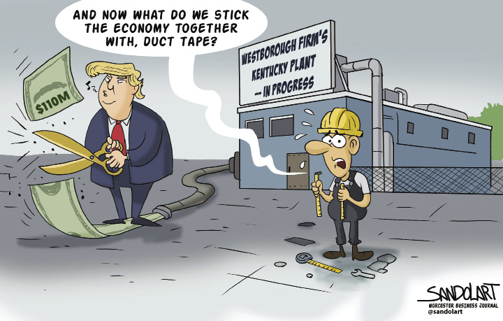 A cartoon of President Donald Trump cutting a $110 million bill as a factory worker looks on nervously