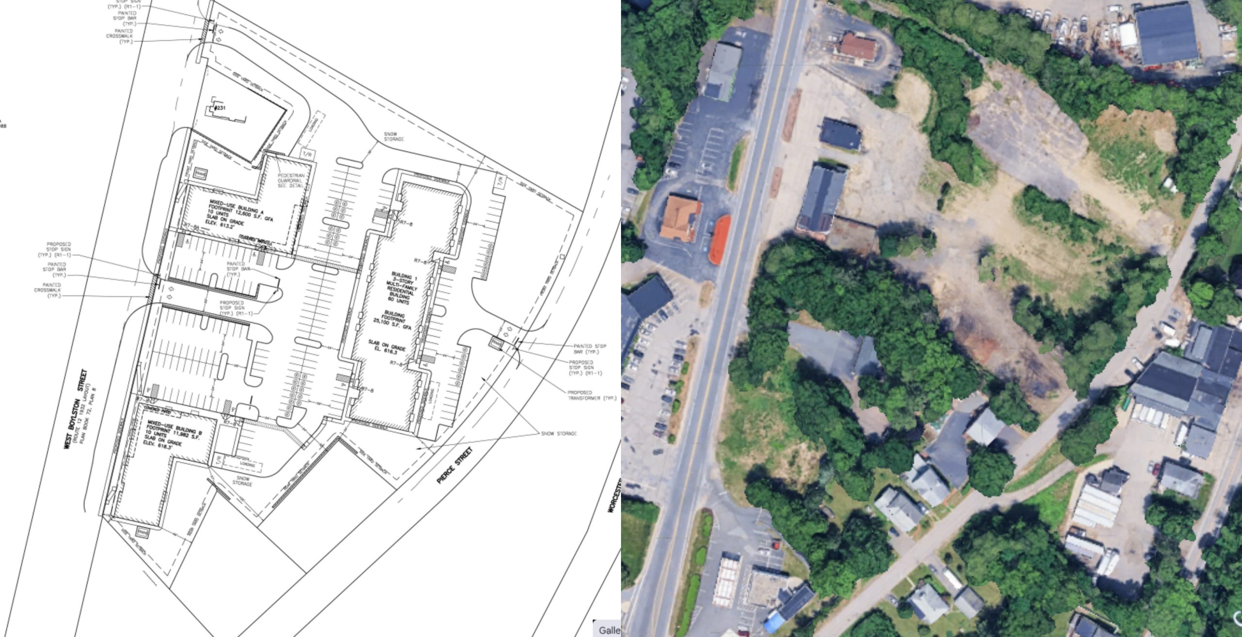 The plans for the site (left), along with a satellite image of its location. 