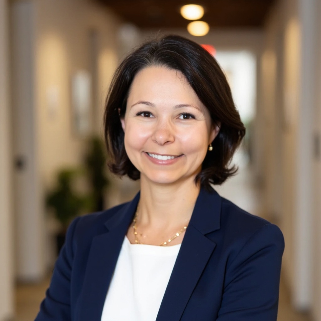 A woman with a brunette bob wears a blue suit jacket and white top.