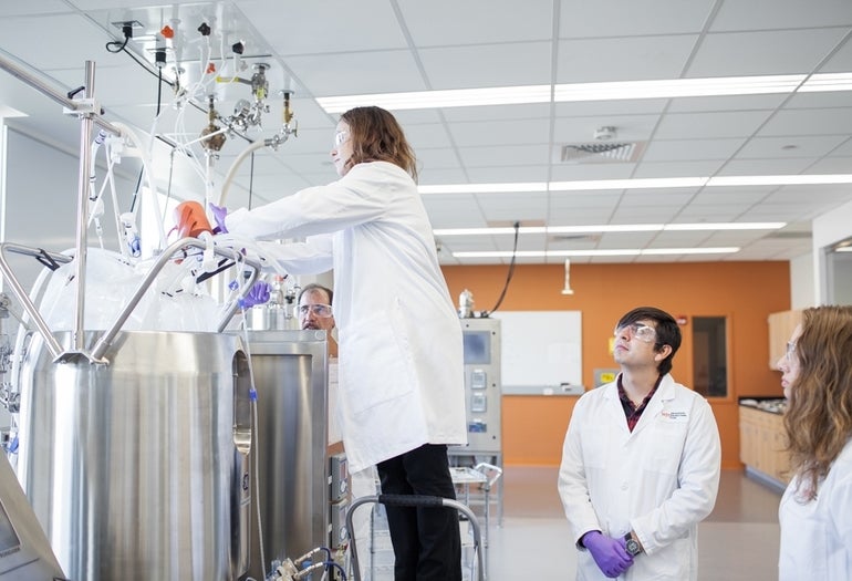 Two people working in a lab. One person stands on a small latter and leans over equipment while the other watches.