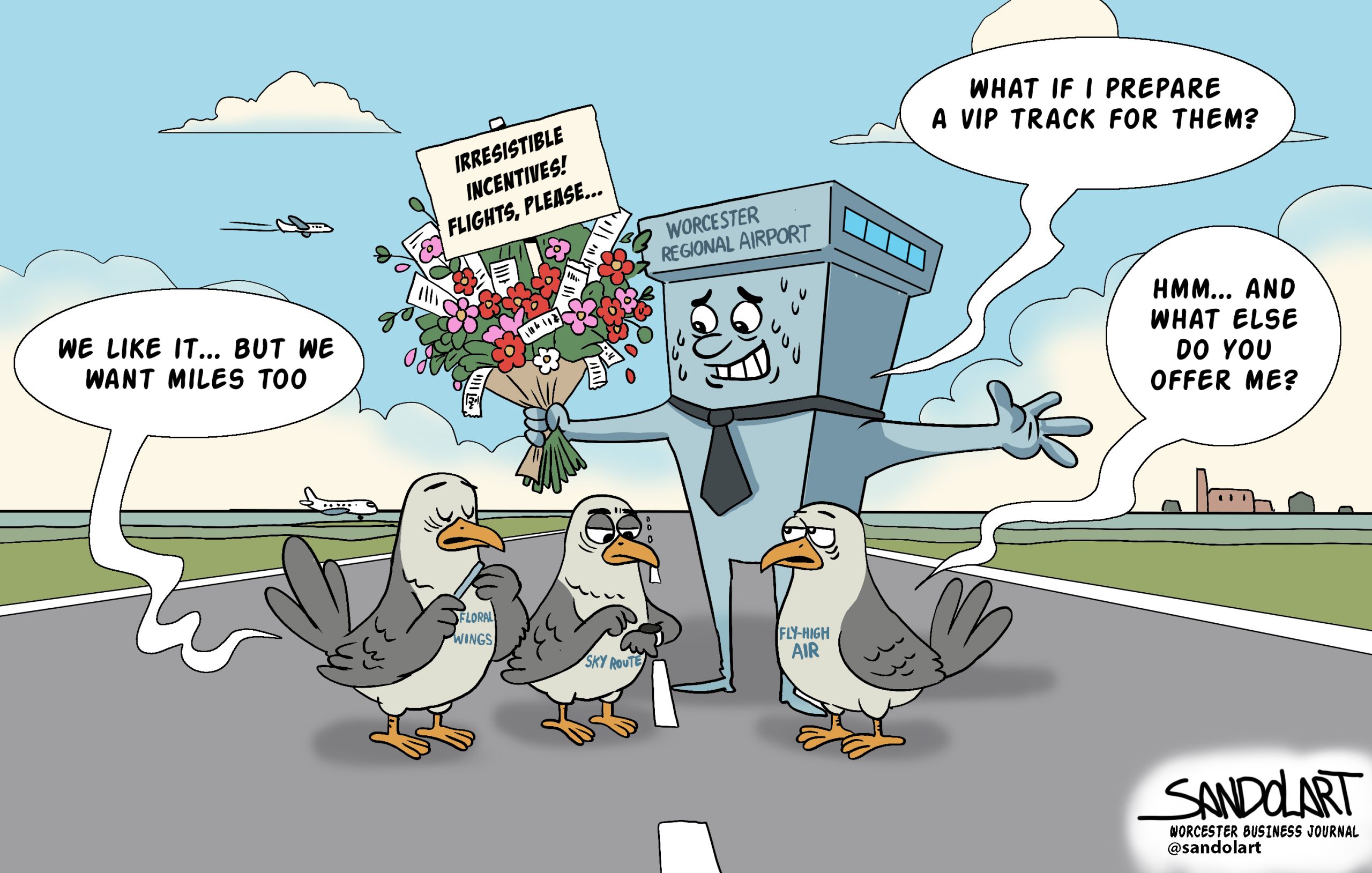 A cartoon of an airport controller tower looking nervous and holding a bouquet of flowers. Pigeons, representing airlines, have a discussion on an airport runway.