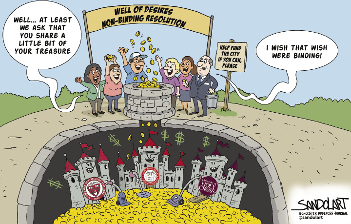 A cartoon of people throwing gold coins into a well