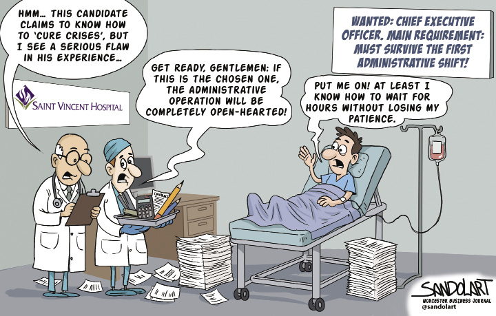 A cartoon of a male patient on a hospital bed raising his hand to get the attention of two doctors who are looking at clipboards and talking to each other.