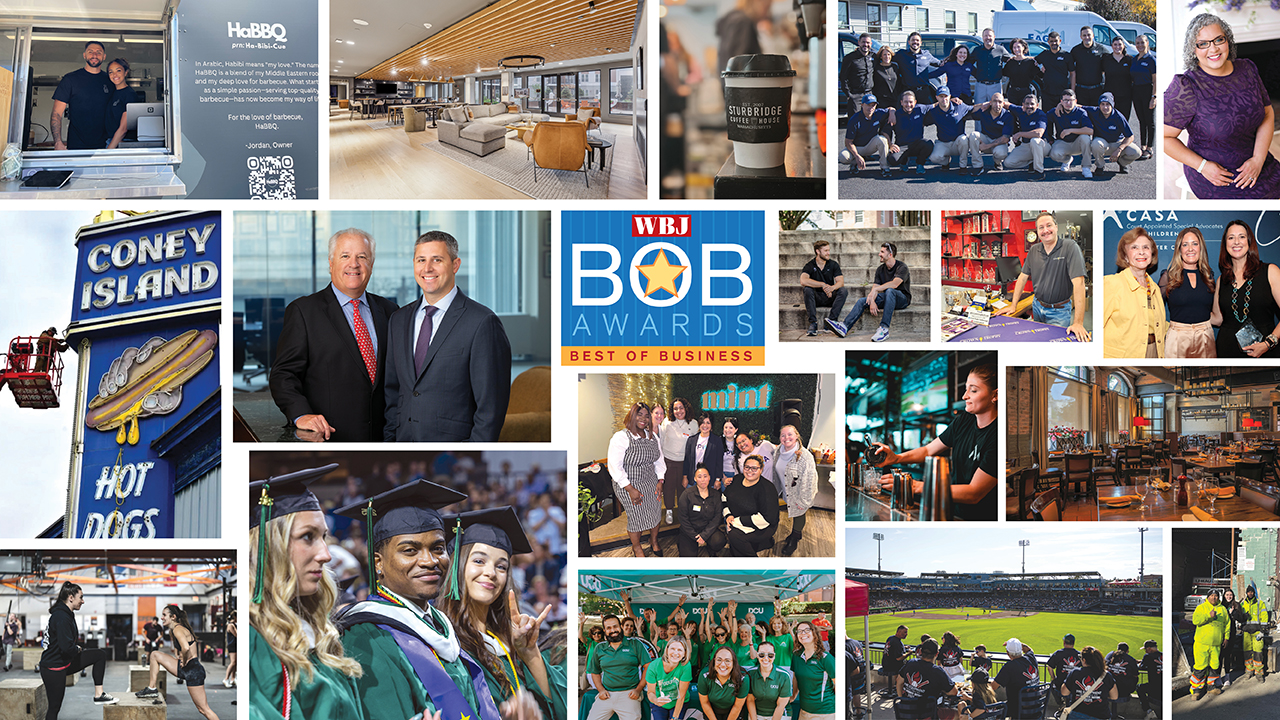 A collage of photos of businesses, people, and signs.