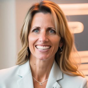 A headshot of a woman with long blonde hair wearing a light blue blazer 