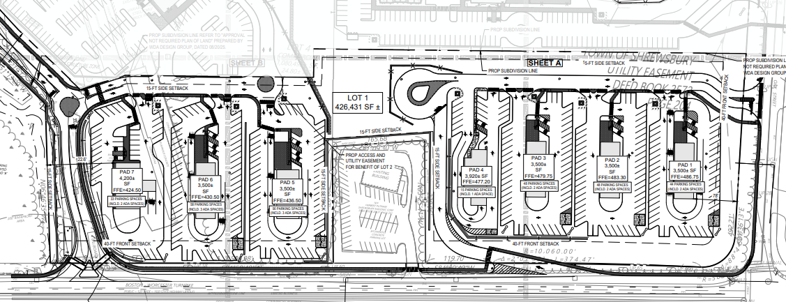 Site plans for seven retail pads with parking