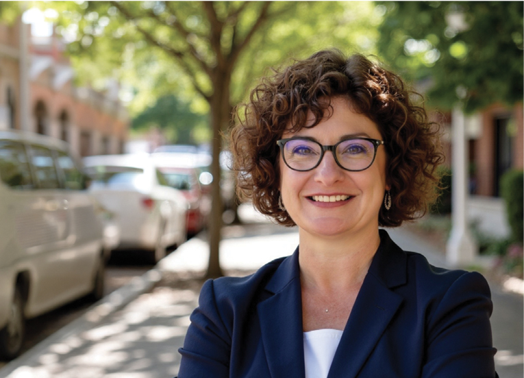 A woman with brown curly hair and glasses wears a dark blue blazer while standing on a tree-lined street.