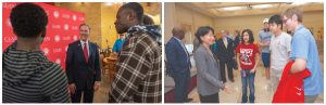Side by side photos of college presidents talking to students