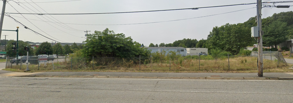 Overgrown empty lot behind fence